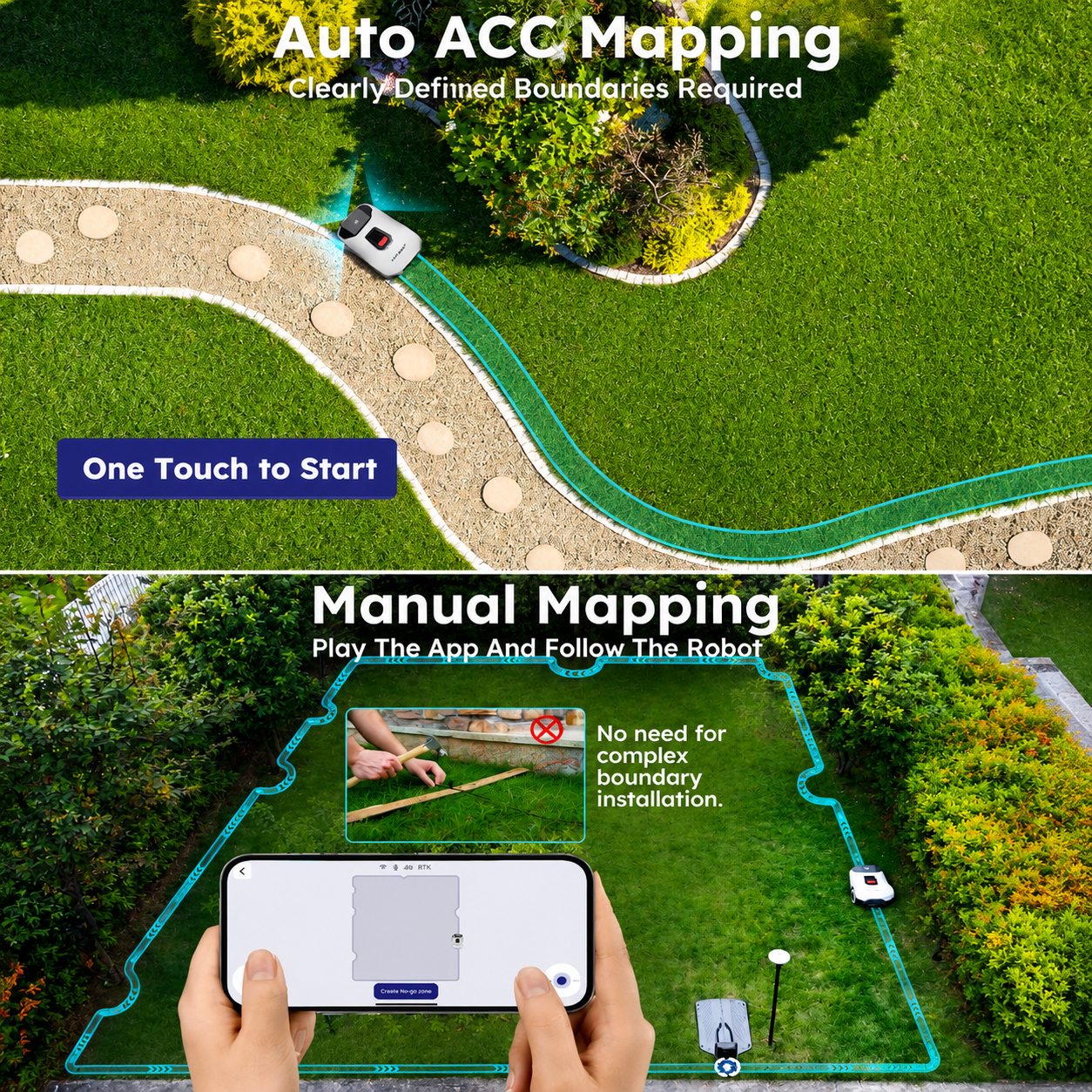 Robot Lawn Mower NO Wire - 0.47 Acre, Full Band Rtk+4-Eye Vision Robotic Lawnmower, Automatic Mapping, 20 Multi-Zone Management, Accurate Obstacle Avoidance, Intelligent Path Planning, APP Control
