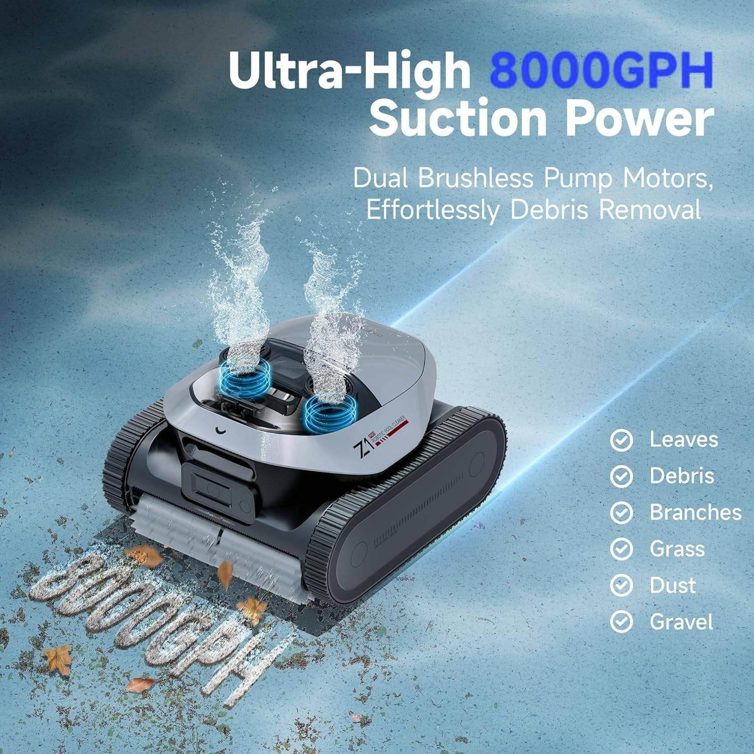 Robotic Pool Cleaner, 8000 GPH Strong Suction, 180-300 Mins Runtime, Smart Navigation Mapping, Automatic Cleaning for Wall, Waterline, Inground and above Ground Pools