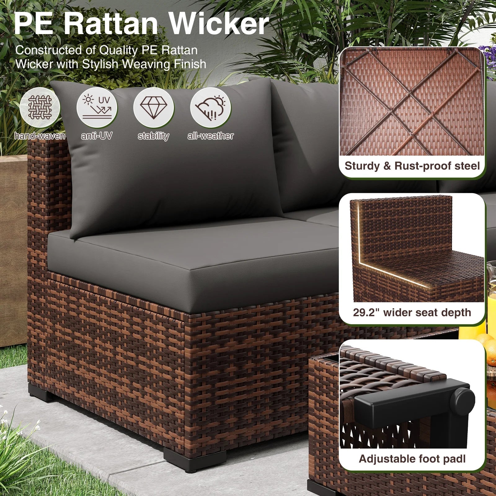 Patio Furniture Set, Outdoor Patio Furniture Wicker Furniture Couch Set, 7 Pieces Outdoor Sectional Sofa, Patio Furniture Set, Outdoor Patio Set for Home Furniture (Grey)